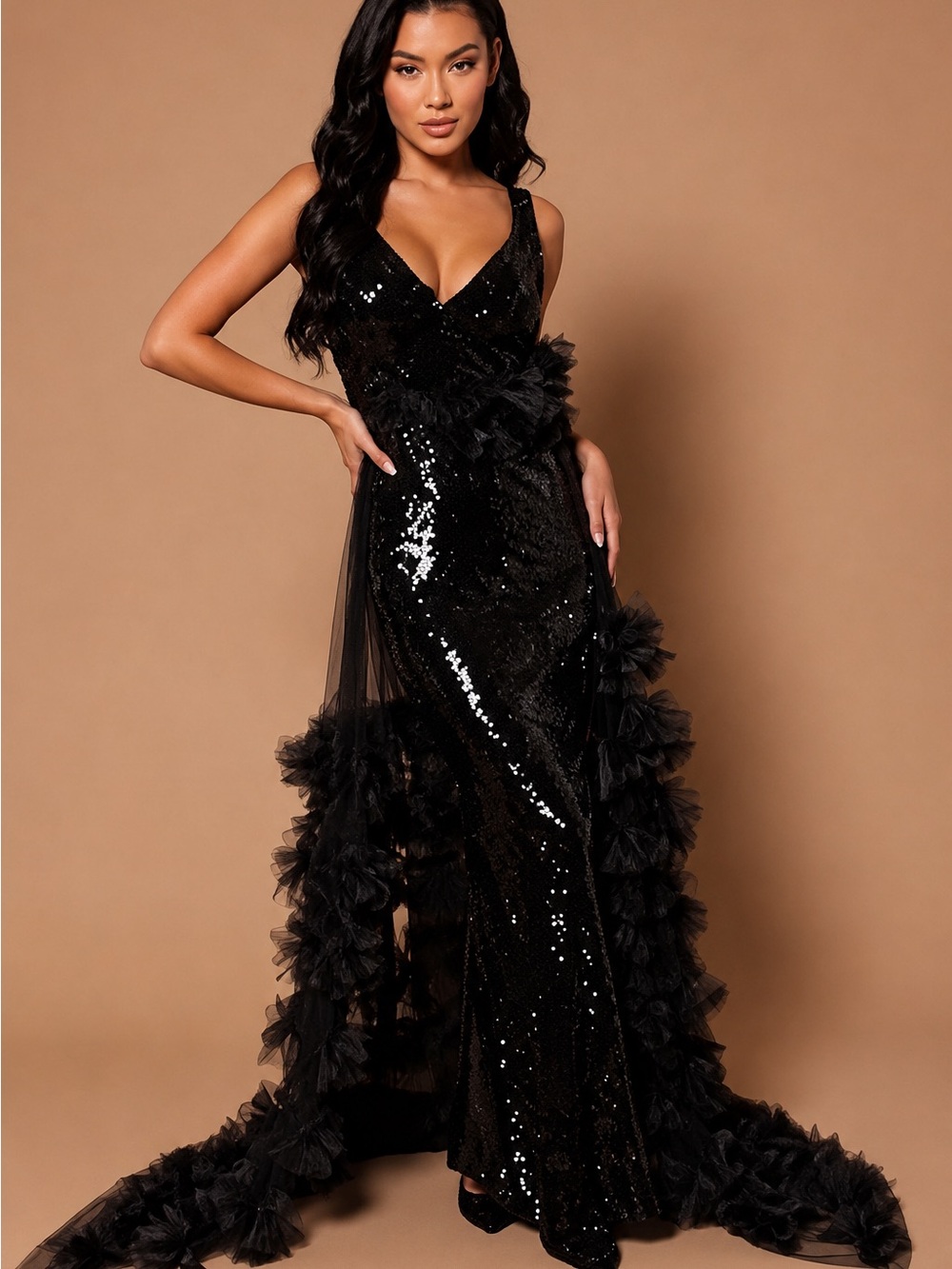 Black Sequin V-Neck Maxi Gown with Train great gatsby new years holiday large